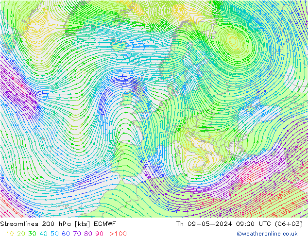 ветер 200 гПа ECMWF чт 09.05.2024 09 UTC
