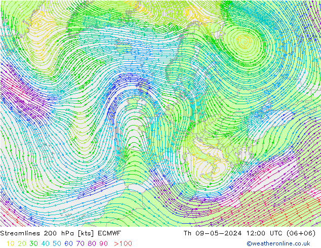 风 200 hPa ECMWF 星期四 09.05.2024 12 UTC