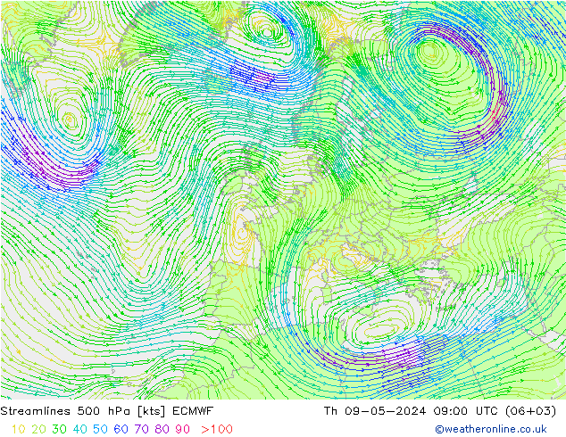 Línea de corriente 500 hPa ECMWF jue 09.05.2024 09 UTC