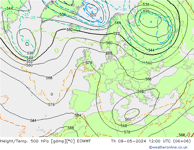 Z500/Rain (+SLP)/Z850 ECMWF чт 09.05.2024 12 UTC