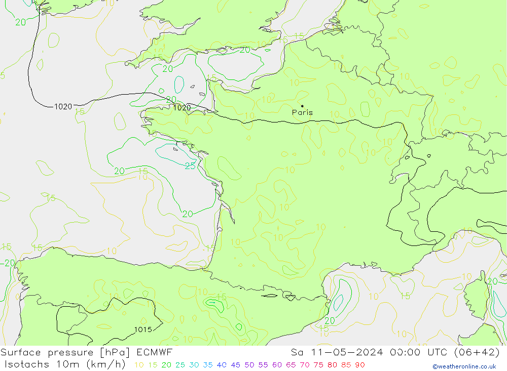 Isotachen (km/h) ECMWF Sa 11.05.2024 00 UTC