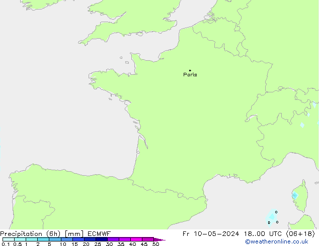 Totale neerslag (6h) ECMWF vr 10.05.2024 00 UTC