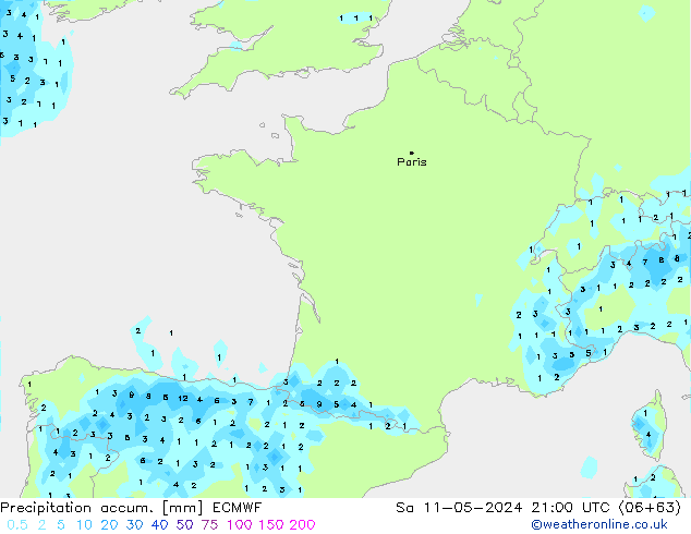 Precipitation accum. ECMWF So 11.05.2024 21 UTC