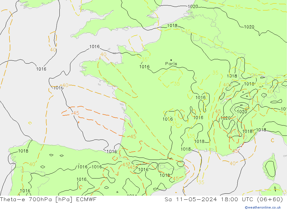 Theta-e 700hPa ECMWF za 11.05.2024 18 UTC