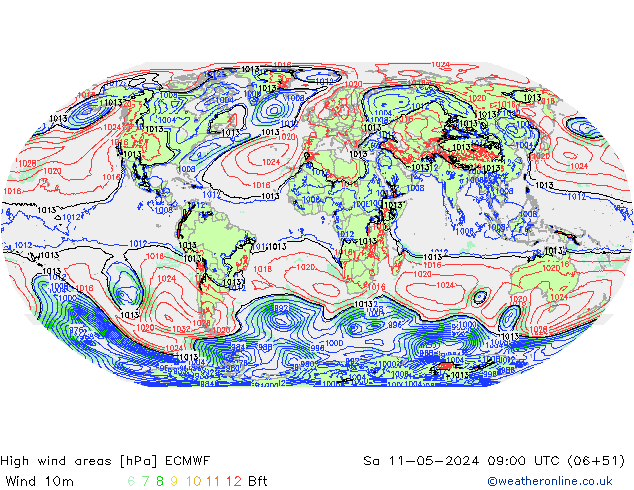 High wind areas ECMWF sáb 11.05.2024 09 UTC