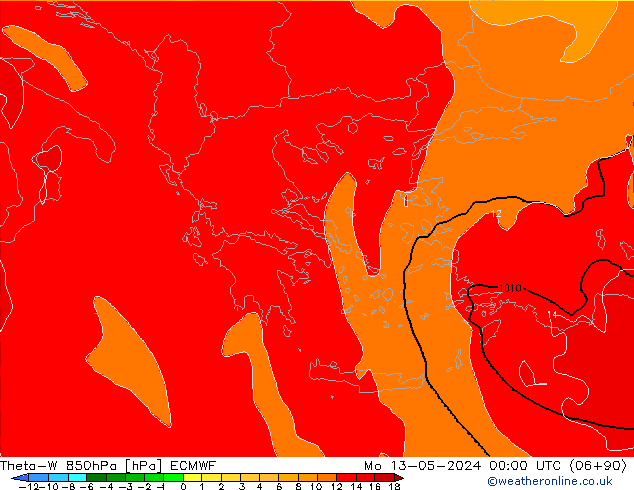 Theta-W 850hPa ECMWF Pzt 13.05.2024 00 UTC