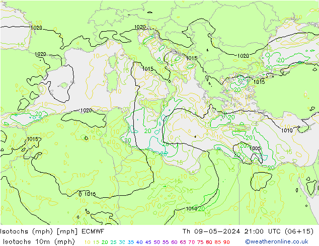 Isotachs (mph) ECMWF gio 09.05.2024 21 UTC