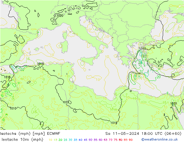 Izotacha (mph) ECMWF so. 11.05.2024 18 UTC