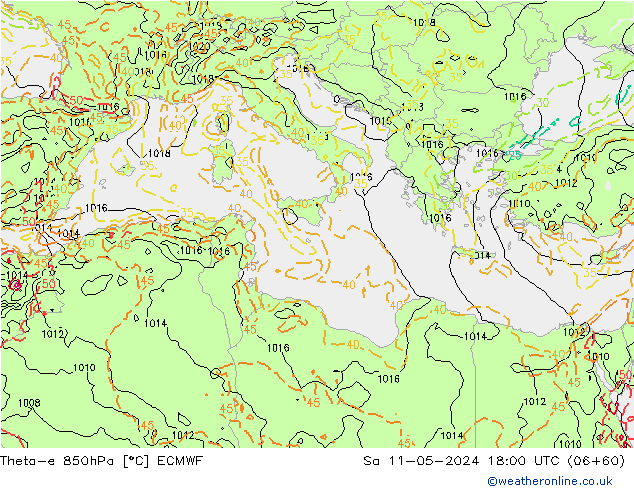 Theta-e 850hPa ECMWF so. 11.05.2024 18 UTC
