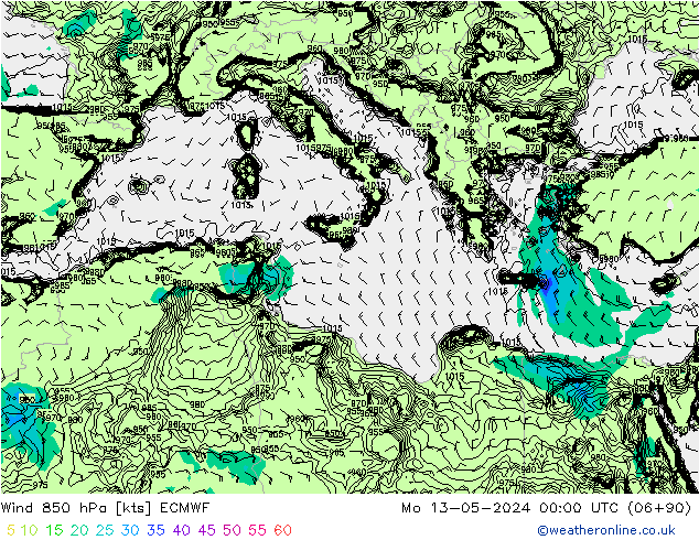 Rüzgar 850 hPa ECMWF Pzt 13.05.2024 00 UTC
