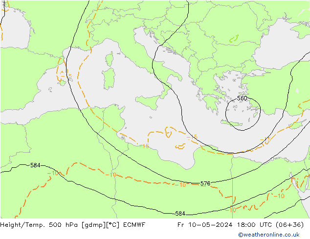 Z500/Rain (+SLP)/Z850 ECMWF Fr 10.05.2024 18 UTC