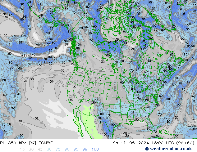 RH 850 hPa ECMWF sab 11.05.2024 18 UTC