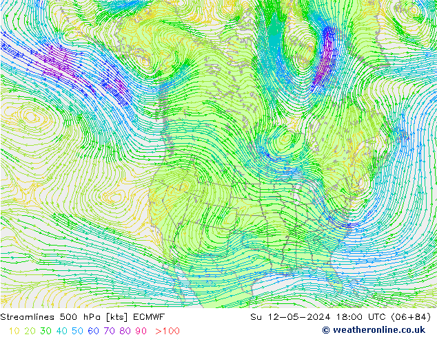 Stromlinien 500 hPa ECMWF So 12.05.2024 18 UTC