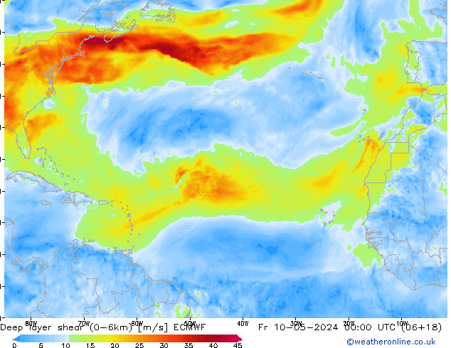 Deep layer shear (0-6km) ECMWF ven 10.05.2024 00 UTC