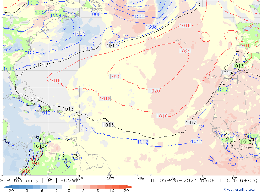 SLP tendency ECMWF Th 09.05.2024 09 UTC