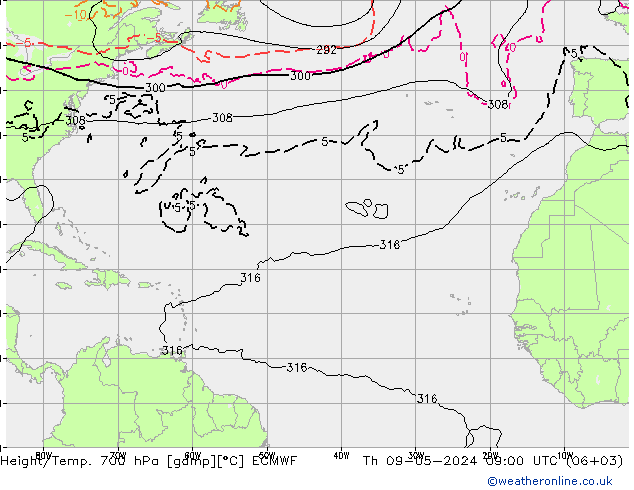Geop./Temp. 700 hPa ECMWF jue 09.05.2024 09 UTC