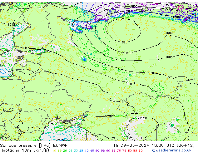 Isotachs (kph) ECMWF gio 09.05.2024 18 UTC