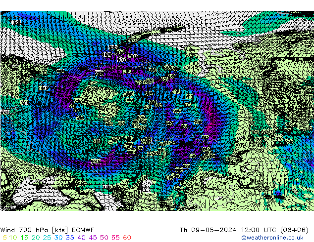 Vento 700 hPa ECMWF Qui 09.05.2024 12 UTC