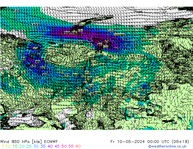 Rüzgar 850 hPa ECMWF Cu 10.05.2024 00 UTC