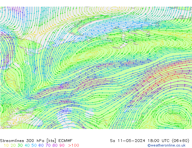 Linea di flusso 300 hPa ECMWF sab 11.05.2024 18 UTC