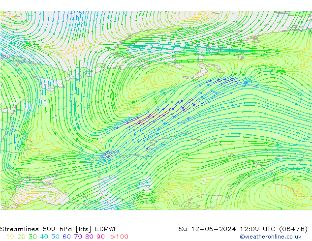 Linea di flusso 500 hPa ECMWF dom 12.05.2024 12 UTC
