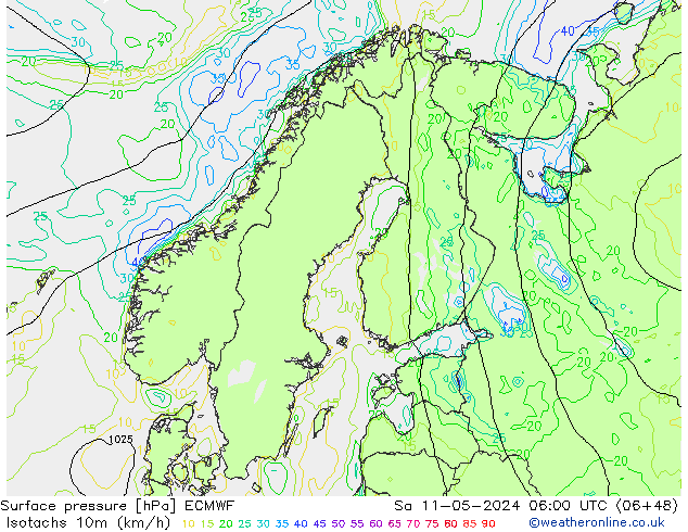 Isotachen (km/h) ECMWF za 11.05.2024 06 UTC