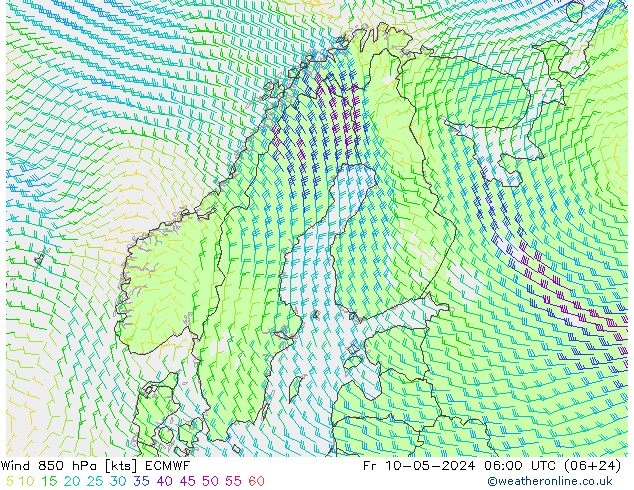 wiatr 850 hPa ECMWF pt. 10.05.2024 06 UTC