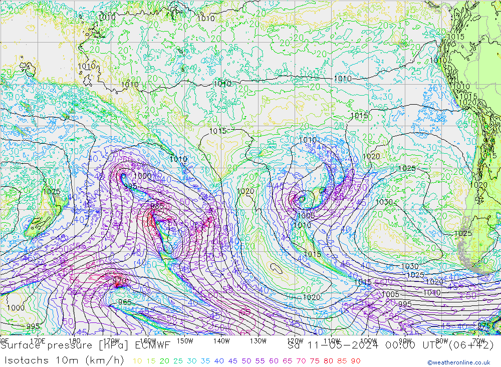 Isotachs (kph) ECMWF sam 11.05.2024 00 UTC