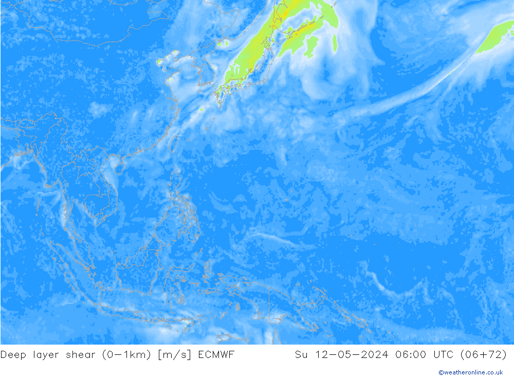 Deep layer shear (0-1km) ECMWF dim 12.05.2024 06 UTC