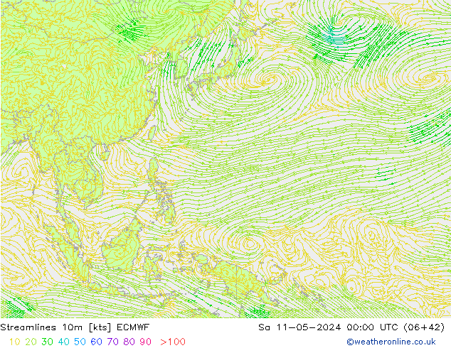 Linea di flusso 10m ECMWF sab 11.05.2024 00 UTC