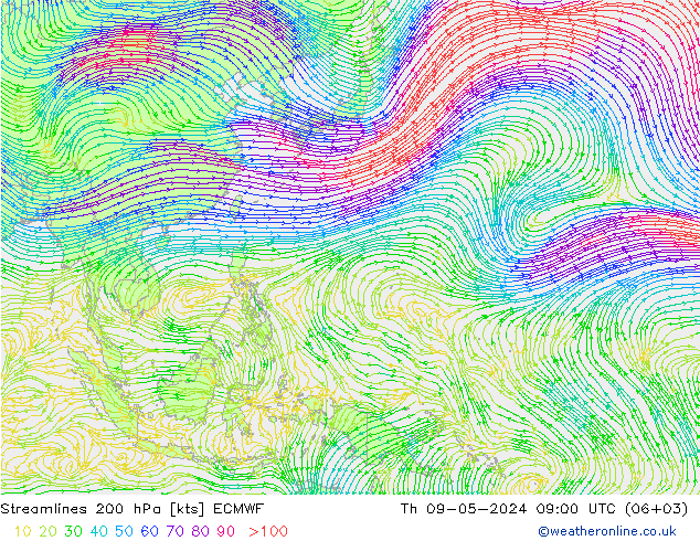 Streamlines 200 hPa ECMWF Th 09.05.2024 09 UTC