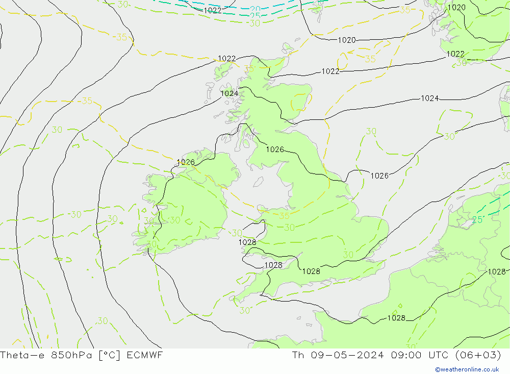 Theta-e 850hPa ECMWF gio 09.05.2024 09 UTC