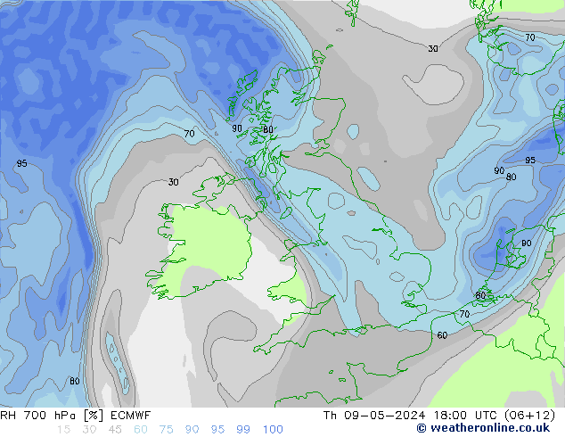 Humidité rel. 700 hPa ECMWF jeu 09.05.2024 18 UTC