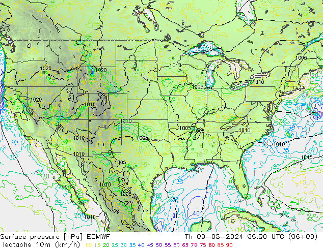 Isotachs (kph) ECMWF Th 09.05.2024 06 UTC