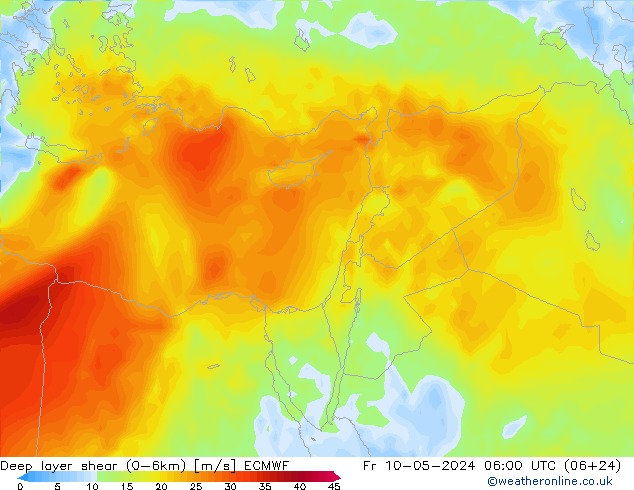Deep layer shear (0-6km) ECMWF пт 10.05.2024 06 UTC