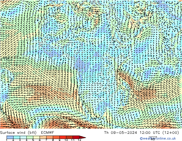 Vento 10 m (bft) ECMWF Qui 09.05.2024 12 UTC