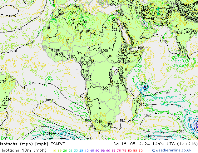 Isotaca (mph) ECMWF sáb 18.05.2024 12 UTC
