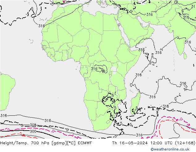 Height/Temp. 700 hPa ECMWF Th 16.05.2024 12 UTC
