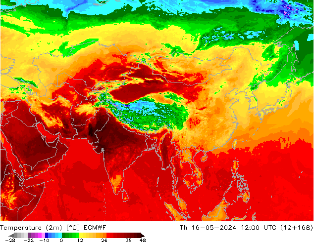 Temperatura (2m) ECMWF Qui 16.05.2024 12 UTC