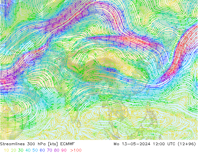 Linea di flusso 300 hPa ECMWF lun 13.05.2024 12 UTC