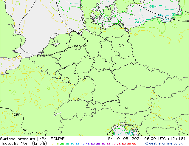 Isotachs (kph) ECMWF Fr 10.05.2024 06 UTC
