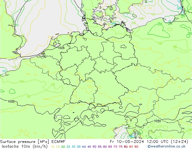 Isotachs (kph) ECMWF ven 10.05.2024 12 UTC