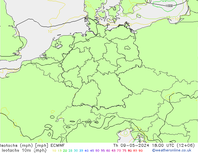 Isotachs (mph) ECMWF 星期四 09.05.2024 18 UTC