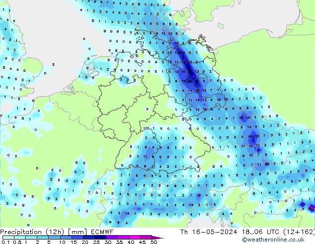 Precipitation (12h) ECMWF Th 16.05.2024 06 UTC