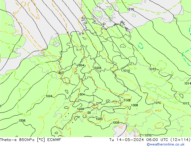 Theta-e 850hPa ECMWF Tu 14.05.2024 06 UTC