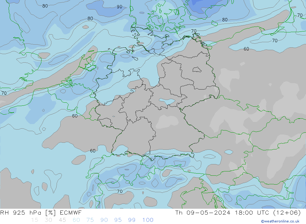 Humedad rel. 925hPa ECMWF jue 09.05.2024 18 UTC