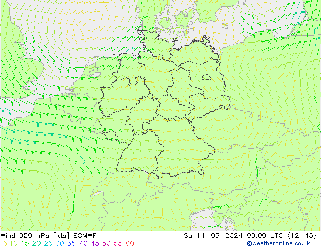 Wind 950 hPa ECMWF za 11.05.2024 09 UTC