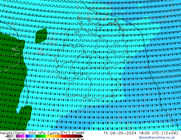 Z500/Rain (+SLP)/Z850 ECMWF jue 09.05.2024 18 UTC