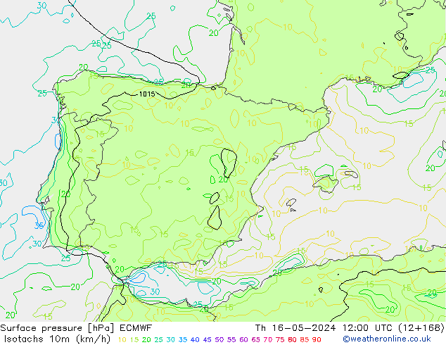 Isotachs (kph) ECMWF jeu 16.05.2024 12 UTC