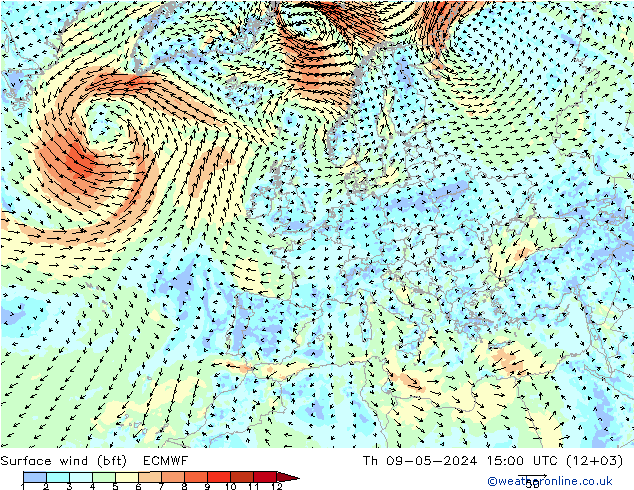 Bodenwind (bft) ECMWF Do 09.05.2024 15 UTC